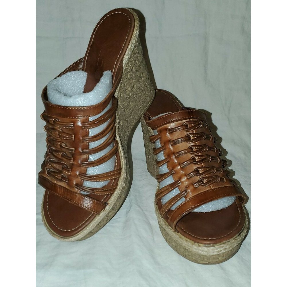 ALDO Women’s Brown Basket Weave Cork Platform Wedge Sandals Mules Sz 7.5